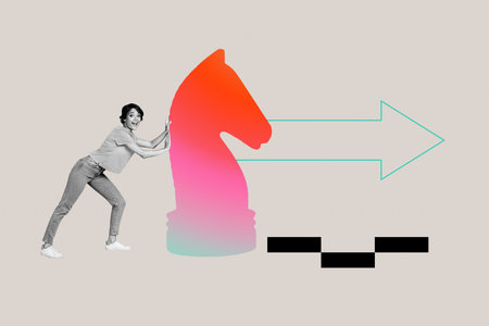 Full art image poster 3d banner collage of happy girl chess player push knight black figure arrow...