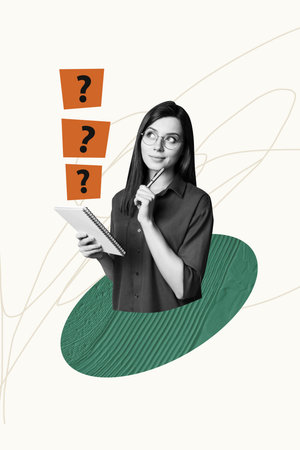 Pop sketch 3d image artwork collage of minded student girl hold notepad think answer dilemma test...