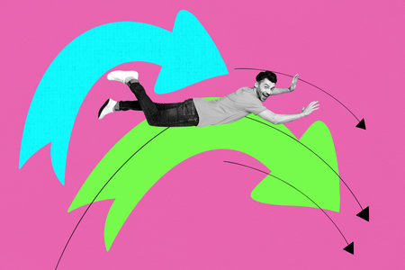 Artwork sketch banner full 3d collage of happy businessman lay arrow development aim achievement...