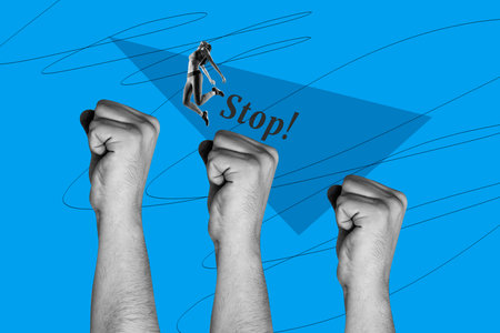 Exclusive 3d full image photo collage of sportswoman girl jump hands show fist support crowd stop problem riotの写真素材