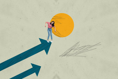 Collage with person observing rising arrow symbolizing startup growth business income statistics trading decrease increaseの写真素材