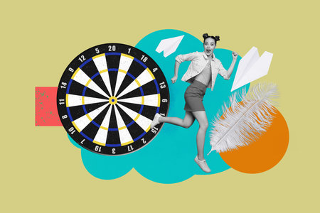 Surreal collage of confident person hitting business goals with paper planes dartboard startup dream...