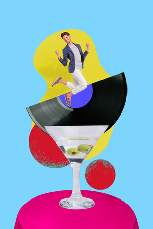 Collage of joyful person cocktail glass bright colors celebrating party alcohol drinks bartender friday weekend lifestyleの写真素材