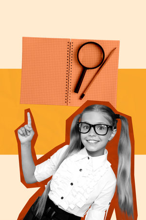 Composite artwork collage of young girl finger point up copybook magnifier glass pencil elementary september university student lessonの写真素材