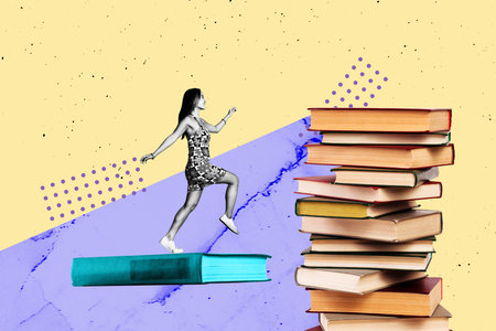 Artwork image poster 3d banner collage of happy korean girl jump book stack encyclopedia education...