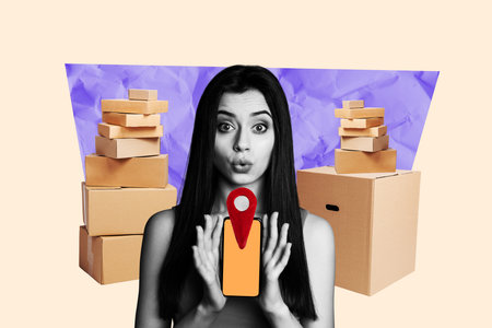 Vertical image trendy design photo collage of happy girl postal worker hold box order phone screen...