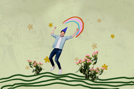Zine banner full photo collage of happy girl guy dance park outside flower bush wear cone celebrate...