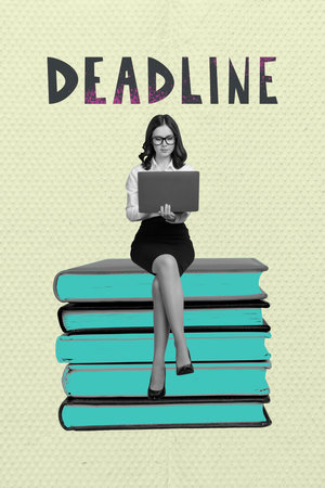 Collage of busy person with book laptop smartphone scissors tablet clock symbolizing deadline...