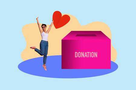 Collage of young woman man toward donation jar with hearts symbolizing charity blood donor day...