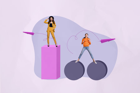 Creative full art collage of happy businessman businesswoman stand development career geometric figure progress goal chanceの写真素材