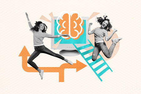 Creative art poster banner 3d collage of happy business partners girl stand pc monitor brain icon...