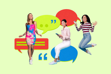 3d banner art pop trend collage of three happy girls hold phone bubble communication speech dialogue...