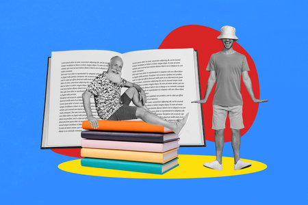 3d banner art pop trend collage of two happy guy old man stand open book literature subject novel...