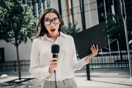Successful businesswoman outdoors holding a microphone and file displaying a surprised expression in...