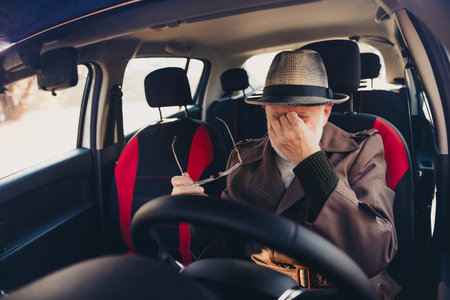 Senior man sitting in a car with a hat and glasses reflecting relaxed moments during an autumn drive...
