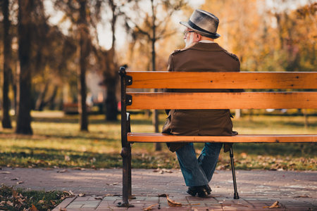 Elderly man sitting on a wooden bench in a park during an autumn day surrounded by colorful foliageの写真素材