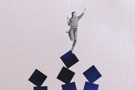 Composite poster image art collage of happy businessman businesswoman receive progress goal...
