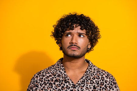 Young mixed-race man on vibrant yellow background wearing leopard print shirt making curious...