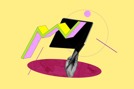 Contemporary art collage of hands type laptop keypad programming arrow development progress success...