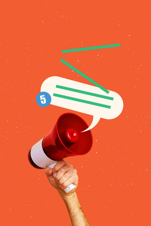 Sketch image trend artwork montage 3D photo collage of hand hold megaphone notification thought...