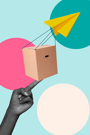 Colorful zine trendy vertical collage of human hand hold paper plane box delivery distribution...