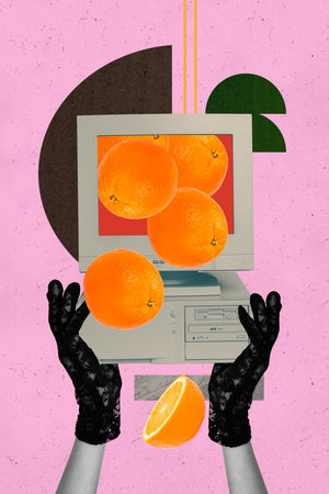 Banner 3d magazine pop picture collage image of hands wear glove show orange fruit pc monitor detox...