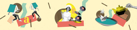 Collage panorama of headless people with dictionary instead head during chef cooking vinyl records and pouring teapot water for paper birdsの写真素材