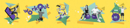 Creative panorama collage of workout application for smartphone doing sports people training muscles...