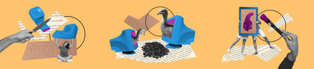Panorama collection collage of girl hold phone cut knife during birds eat sunflower seeds and couple...