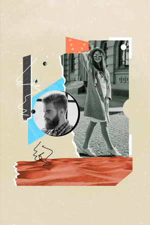 Collage 3d pop retro sketch image of happy smiling lady walking sunny summer street isolated beige...