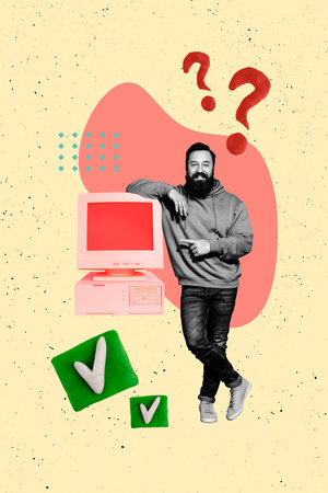 Trend artwork collage template sketch of young man stand finger point computer monitor obsolete...