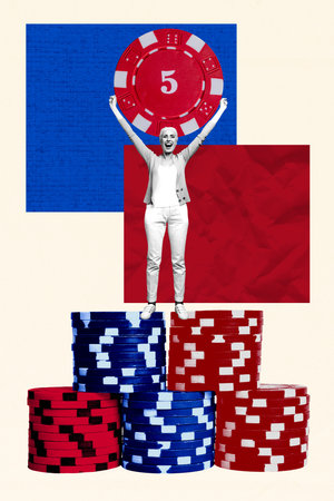 Trendy image poster art banner collage of happy girl stand chip stack success tournament winning...