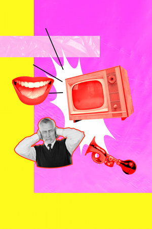 Trend artwork composite banner 3D photo collage of frequency electric tuner tv watch brainwashing fake news aged man cover ear lips smileの写真素材