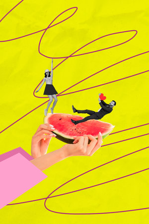 Vertical art 3d creative image collage of happy girl guy stand human hand watermelon slice berry heart postcard valentine dayの写真素材
