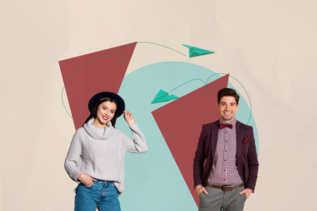 Sketch vertical photo collage of happy businessman businesswoman stand geometric figure career...