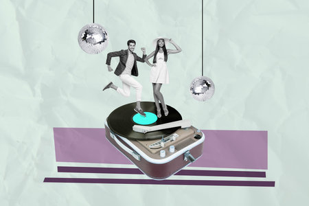 Image zine trend photo collage of happy girl guy dance retro vinyl disk celebration occasion...