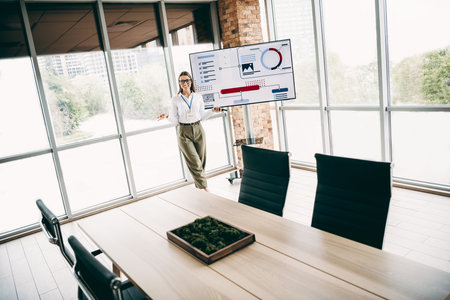 Qualified businesswoman giving a professional presentation in a modern office workspace with a large...