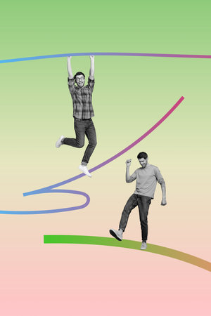 Poster trend sketch template 3D collage of two young man hang dance hand hold line draw poster...