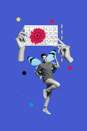 Pop sketch 3d image artwork collage of happy guy wear butterfly wings stand calendar gerbera flower...