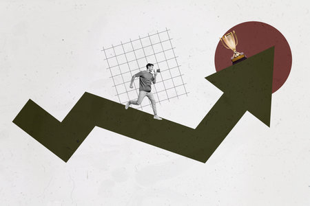 Collage of a person woman man toward digital arrows rising graphics representing progress success...