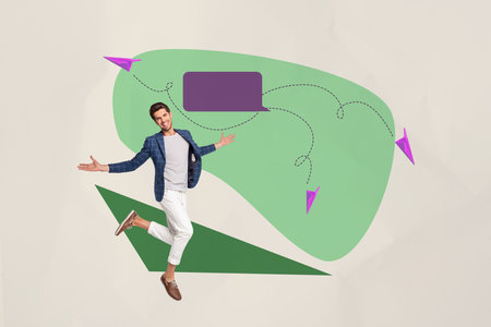 Creative sketch artwork pop collage of happy girl guy stand bubble communication icon paper plane...