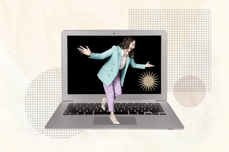 Image full trendy 3d collage poster of happy businesswoman stand laptop keypad video call coding...