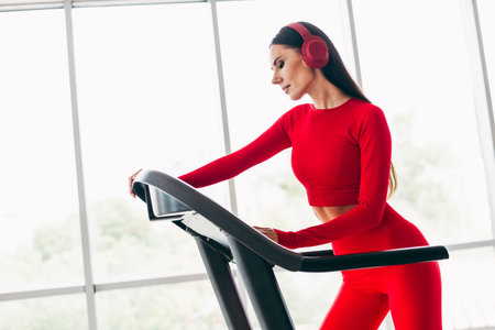 Athletic woman wearing red activewear exercising on a treadmill indoors, listening to music with...