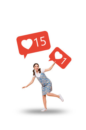 Trend artwork composite banner 3D photo collage of young lady stand balance smile like banner...