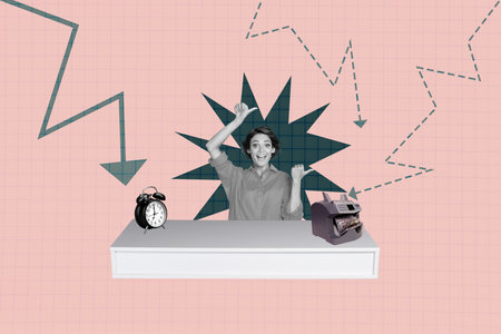 Successful freelancer celebrating financial growth working remotely computer desk laptop in creative...