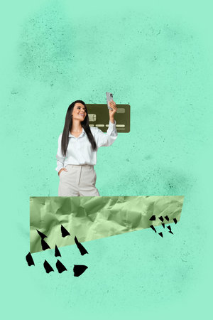 Banner 3d image pop vertical collage of happy businessman businesswoman stand credit card deposit...