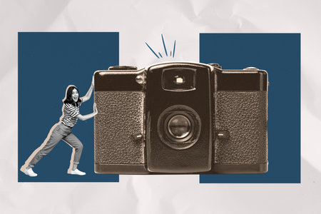 Trendy 3d full image photo collage of happy girl stand retro camera shooting moment paparazzi hobby photographing tourismの写真素材