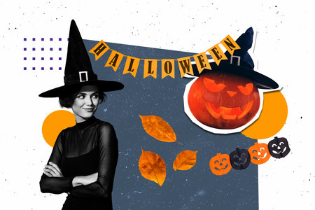 Trend template sketch design 3D photo collage of scary fall celebration halloween night witch young lady silhouette pumpkin face smileの写真素材