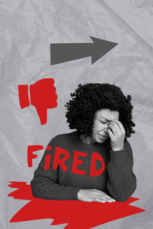 Art image vertical photo collage of upset businesswoman sit fired letters arrow regress termination employee vacancy cut staffの写真素材