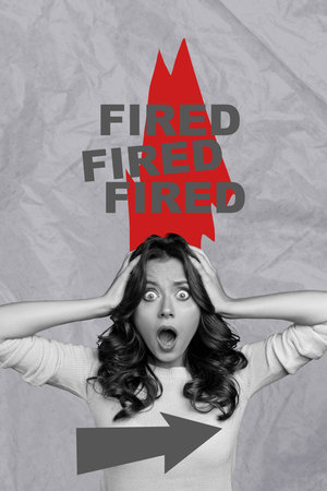 Exclusive pop art vertical collage of shocked businesswoman fired job unemployment arrow pointer jobless manager redundancyの写真素材